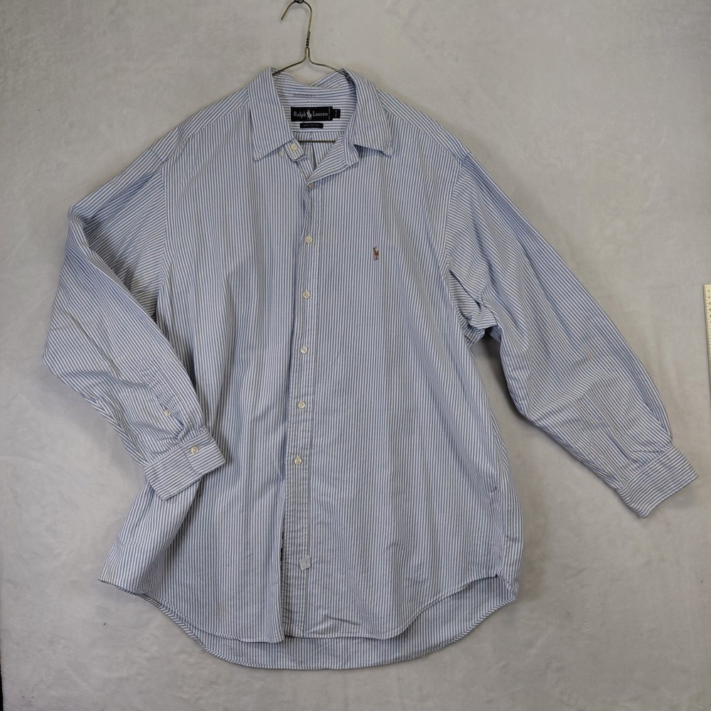Ralph Lauren Mens 17.5-35 Blue White Striped Button Up Shirt Classic Fit Cotton